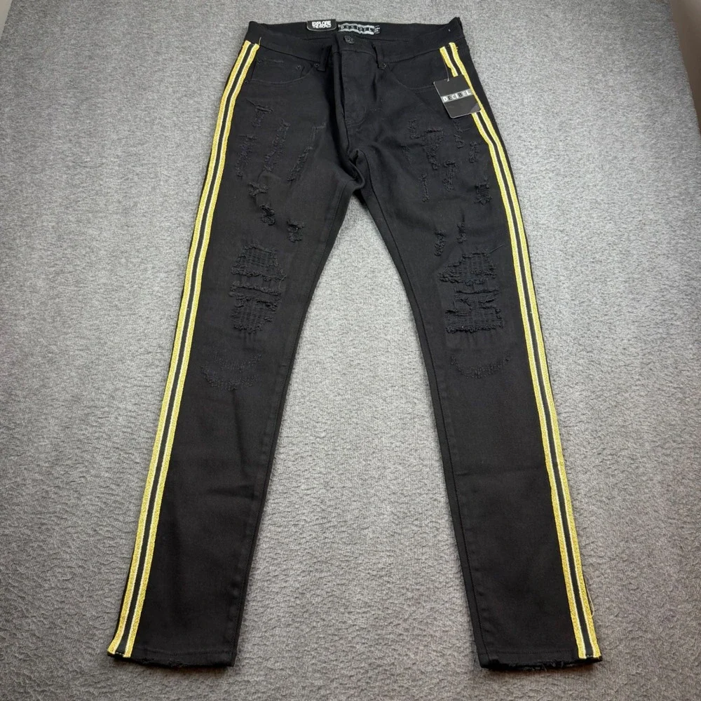 Decibel Distressed Jeans Men's 34 Black Gold Side Stripe Ripped Streetwear Denim